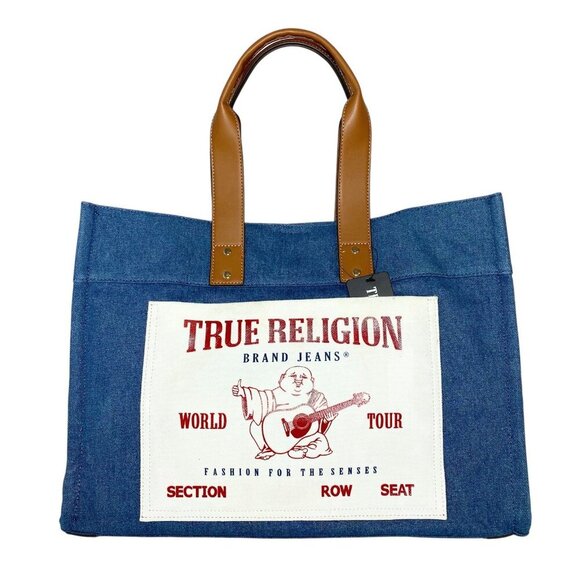 True Religion World Tour Navy Blue Denim Large Tote Bag NWT - Picture 5 of 10